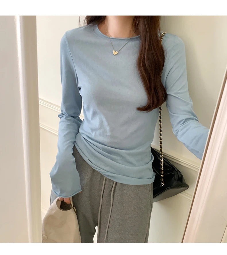 2026 Spring Autumn T shirt Women Tops Solid Slim Fit Long Sleeve O Neck Tshirts Female Casual Streetwear High Quality Base Tees