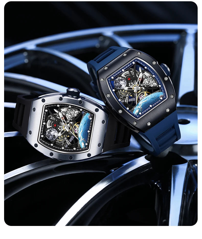 Men's Automatic Watches for Men Fashion Tonneau Mechanical Clock Earth Dial Waterproof Luxury Luminous Skeleton Mens WristWatch