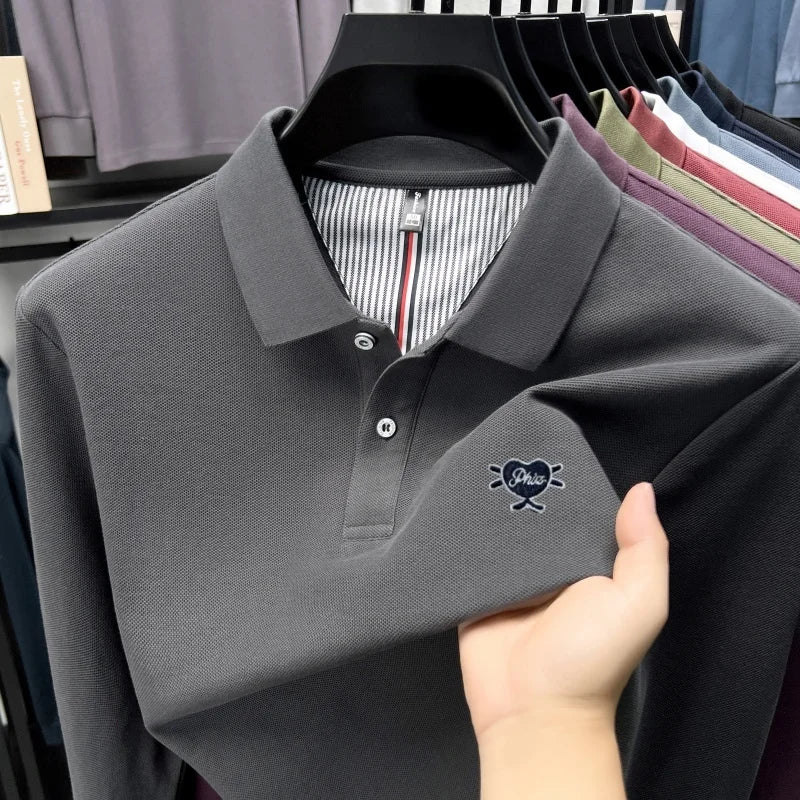 100% pure cotton men long sleeved polo shirt autumn new high-end brand heart-shaped embroidery comfortable casual lapel T-shirt