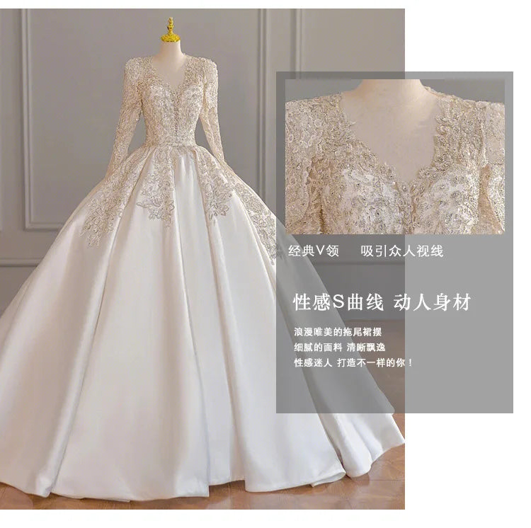 Wedding Dress Long Sleeve Heavy Industry 2023 New Bride V-Neck Satin High Quality Palace Main Wedding Dress French Wedding Dress