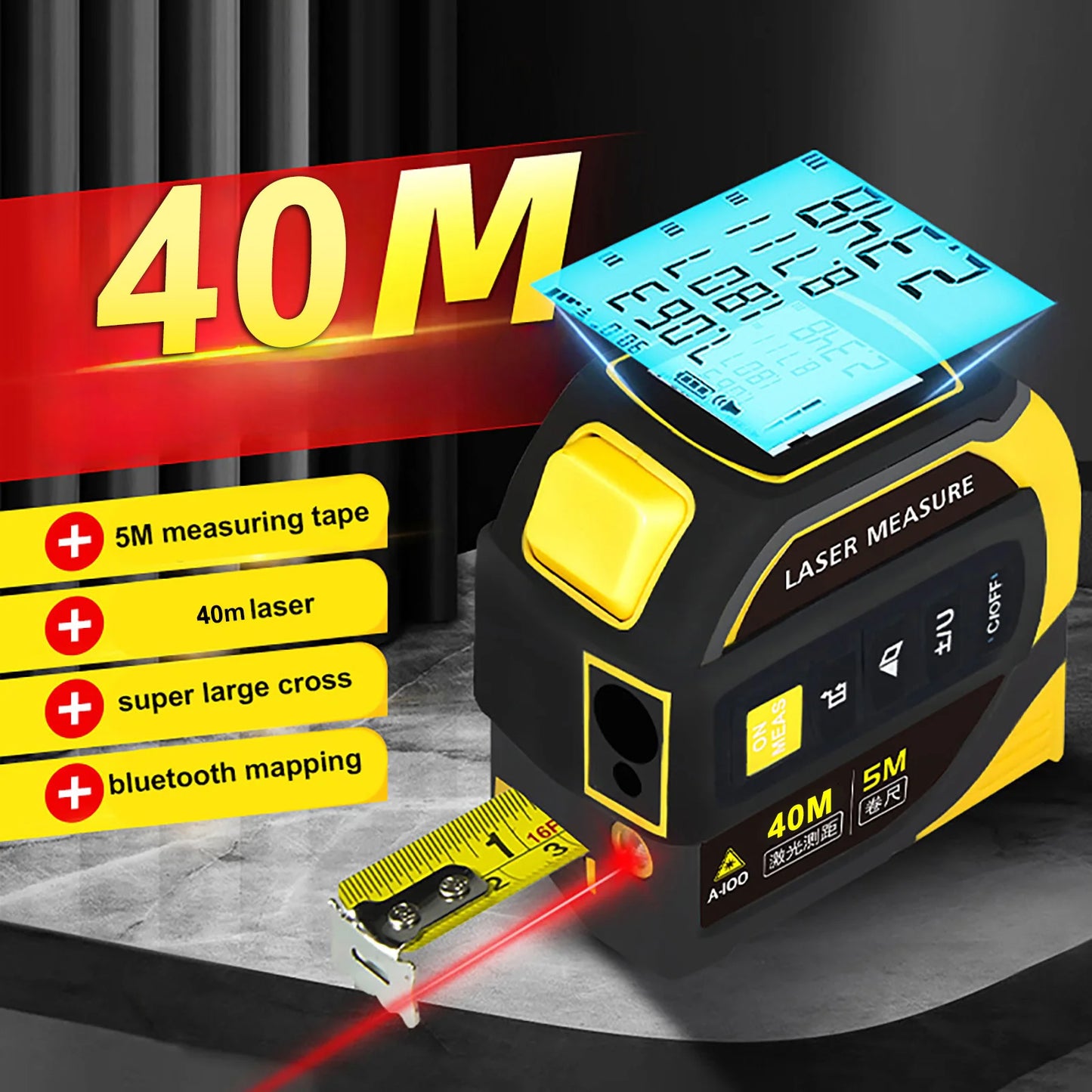 5m Measuring Tape 40-100m Distance Laser Rangefinder Infrared Electronic Ruler Cross Line USB Rechargeable bluetooth Drawing
