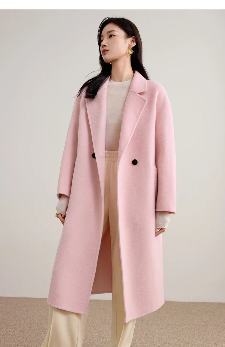 SENTUBILA Women's 100% Wool Double-Faced Coat Winter 2025 Suit Lapel Collar Classic Commuter Style Long Overcoat W54OA8779