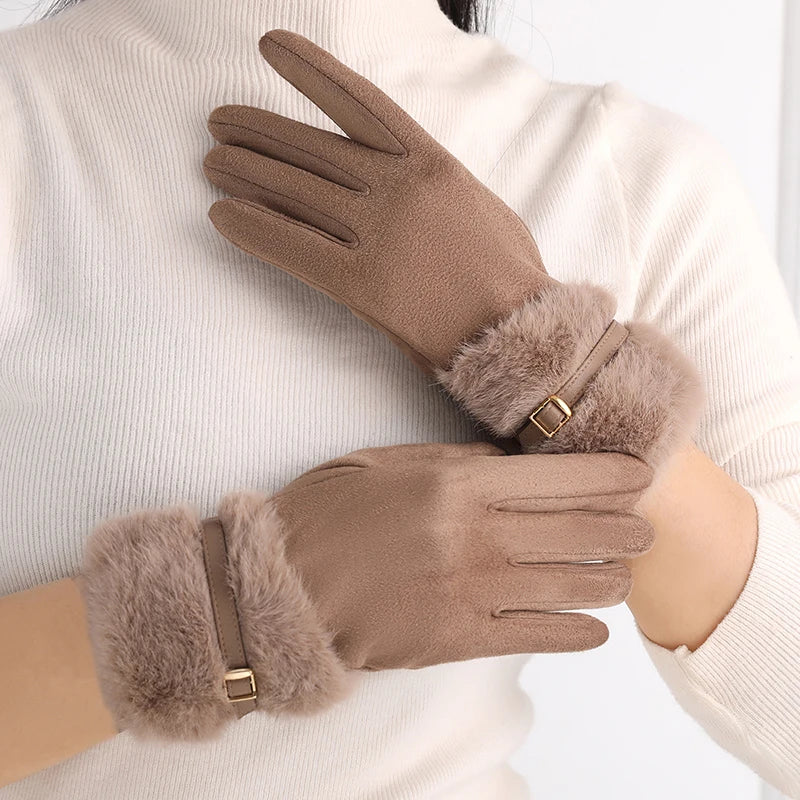 Women's Winter Gloves with Fleece Lining, Warm, Windproof, Cold-Resistant, Plush Decoration, Touchscreen Compatible, Suitable for Driving and Cycling, 1 Pair