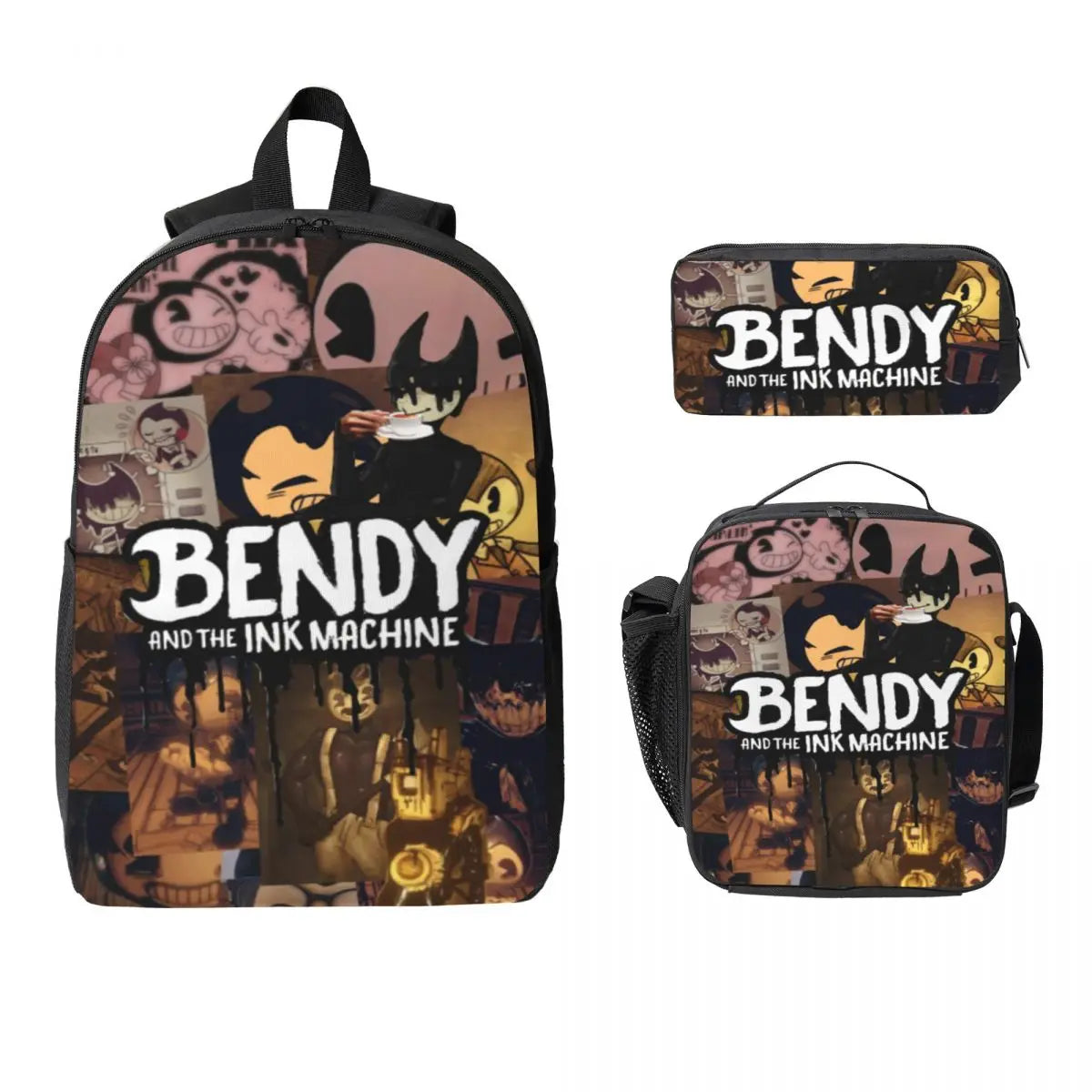 3Pcs Bendys And The Dark School bags Set for Boy Girl Pen Bags Backpack Sets with Lunch Box For School Students Knapsack