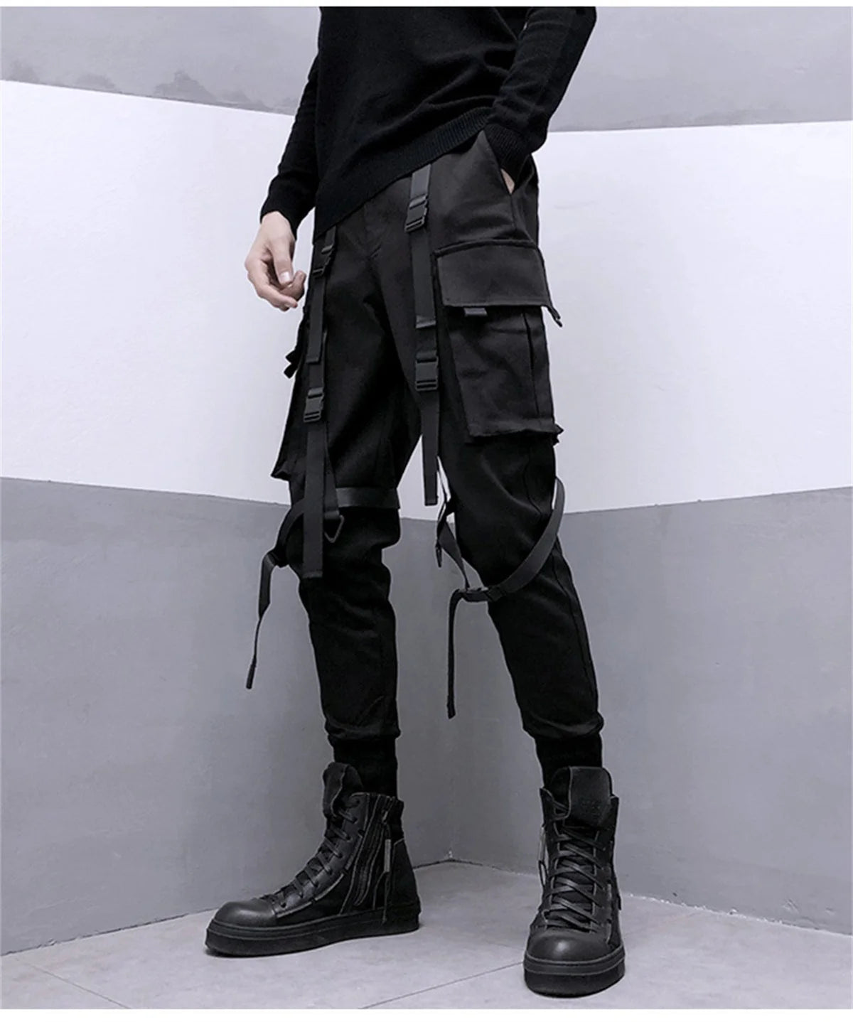 Black Cargo Pants Hip Hop Joggers Men Loose Harem Pants Multi-pocket Ribbon Men's Pants Trousers Streetwear Sport Pants for Men