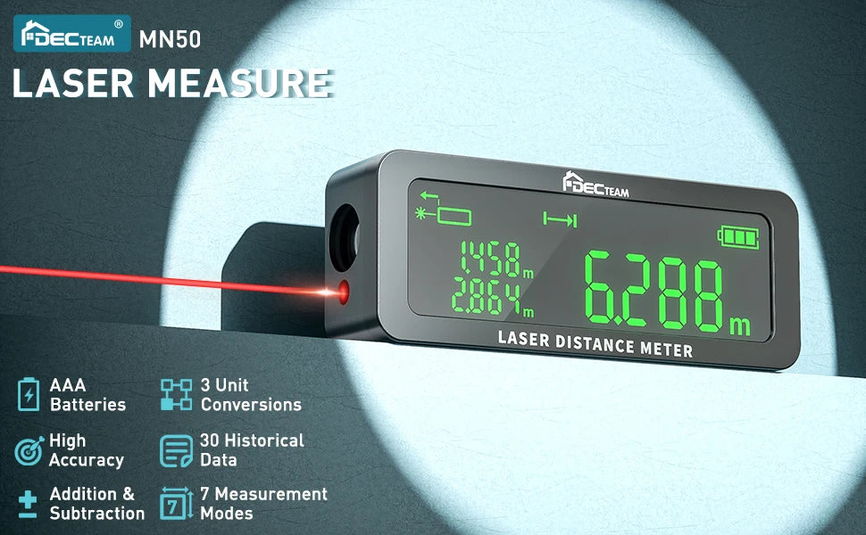 Decteam MN50 Laser Distance Meter 165Feet/50M Laser Measure with LCD Multiple Angle Distance Area Volume Measurement Modes