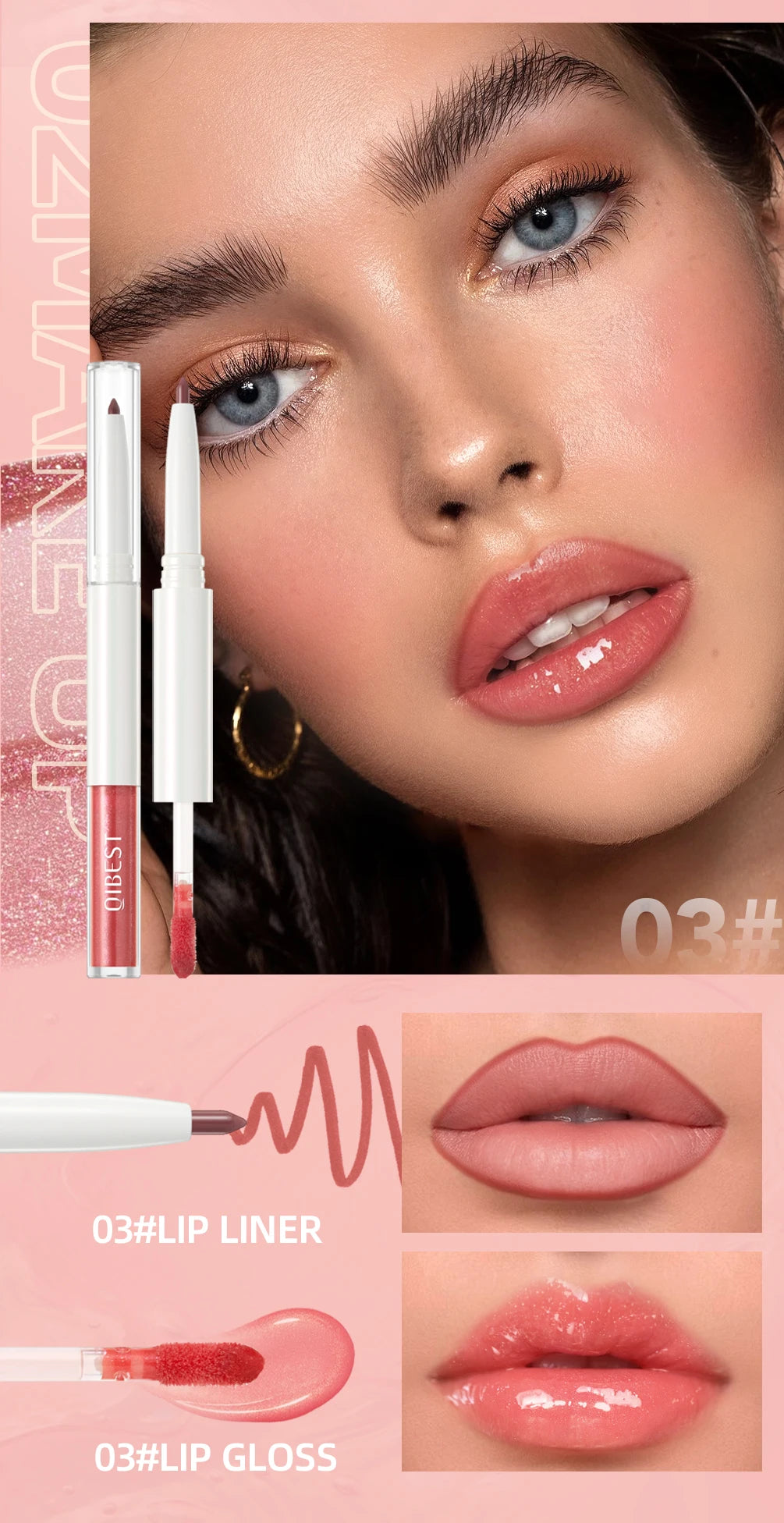 QIBEST Double Head Mirror Lip Glaze Lipliner Pen Water Light Lipgloss Makeup 2 in 1 Stick Matte Velvet Lip Liner Contour Pencil