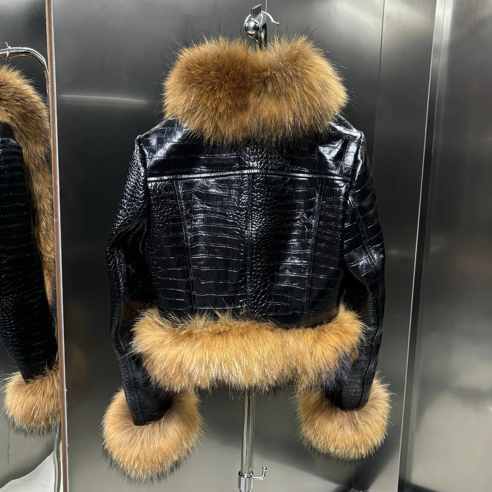 Natural Raccoon Fur Collar Real Leather Jacket Women 2025 Autumn Black Crocodile Textured Leather Jacket Ladies Streetwear
