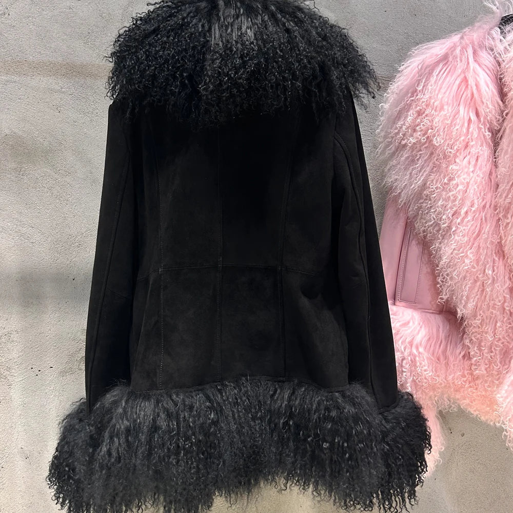 Black Suede Mongolian Sheep Fur Coat Women Fur Jacket with Long Sleeve New arrival Winter Real Fur Coat