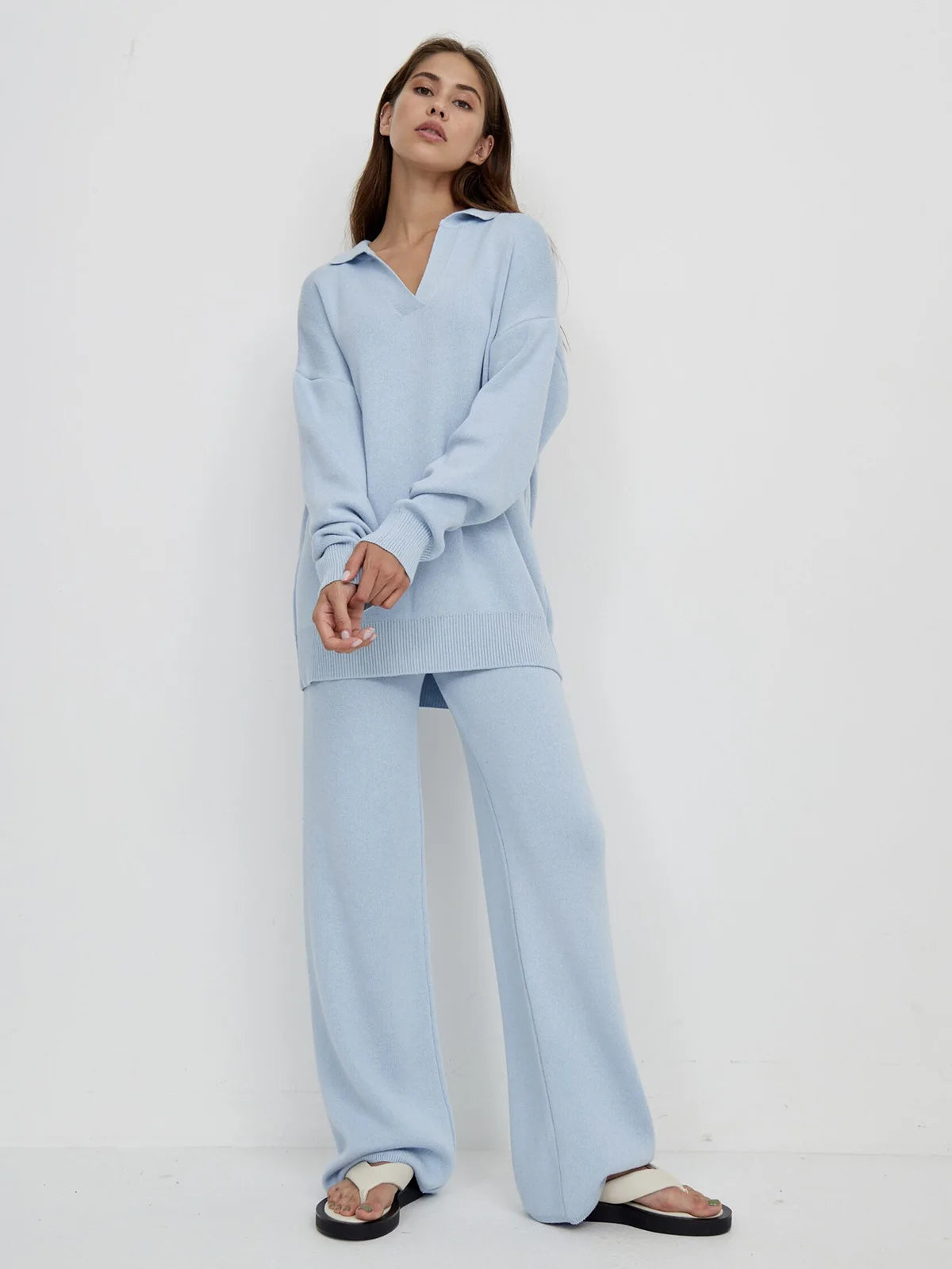 Sumuyoo Winter Thick Women Knitted Suits Cashmere Soft 2 Pieces Sets Female Polo Neck Sweater & Wide Leg Pants Knitted Outfit