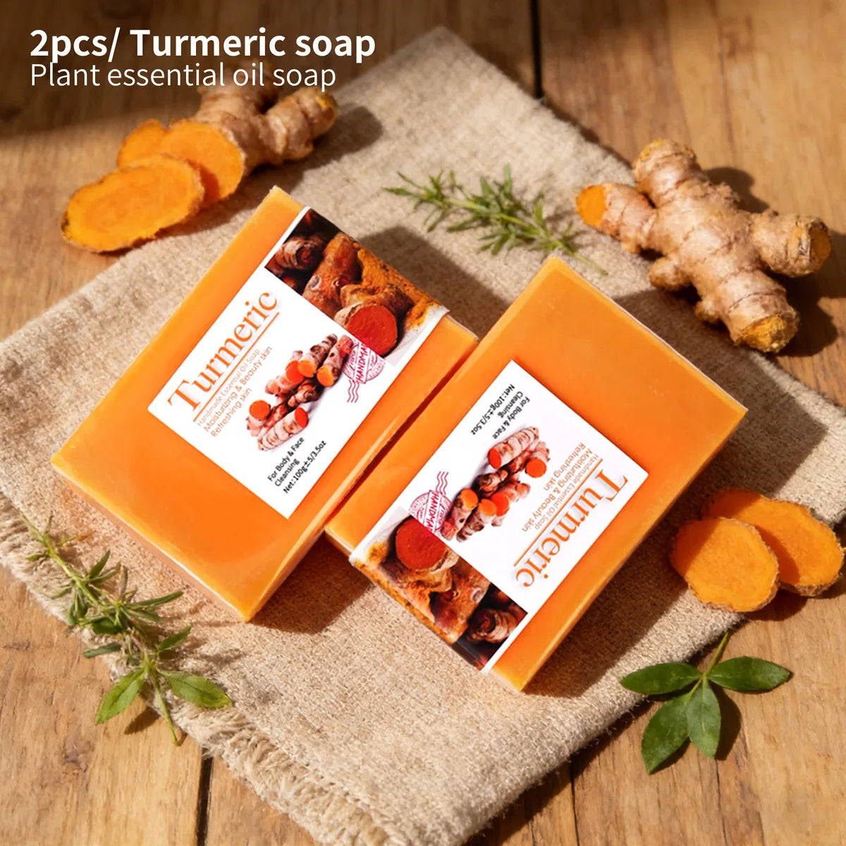 2Pcs 100% Natural Organic Turmeric Skin Whitening Anti Acne Handmade Skin Care Face Body Turmeric Bar Soap