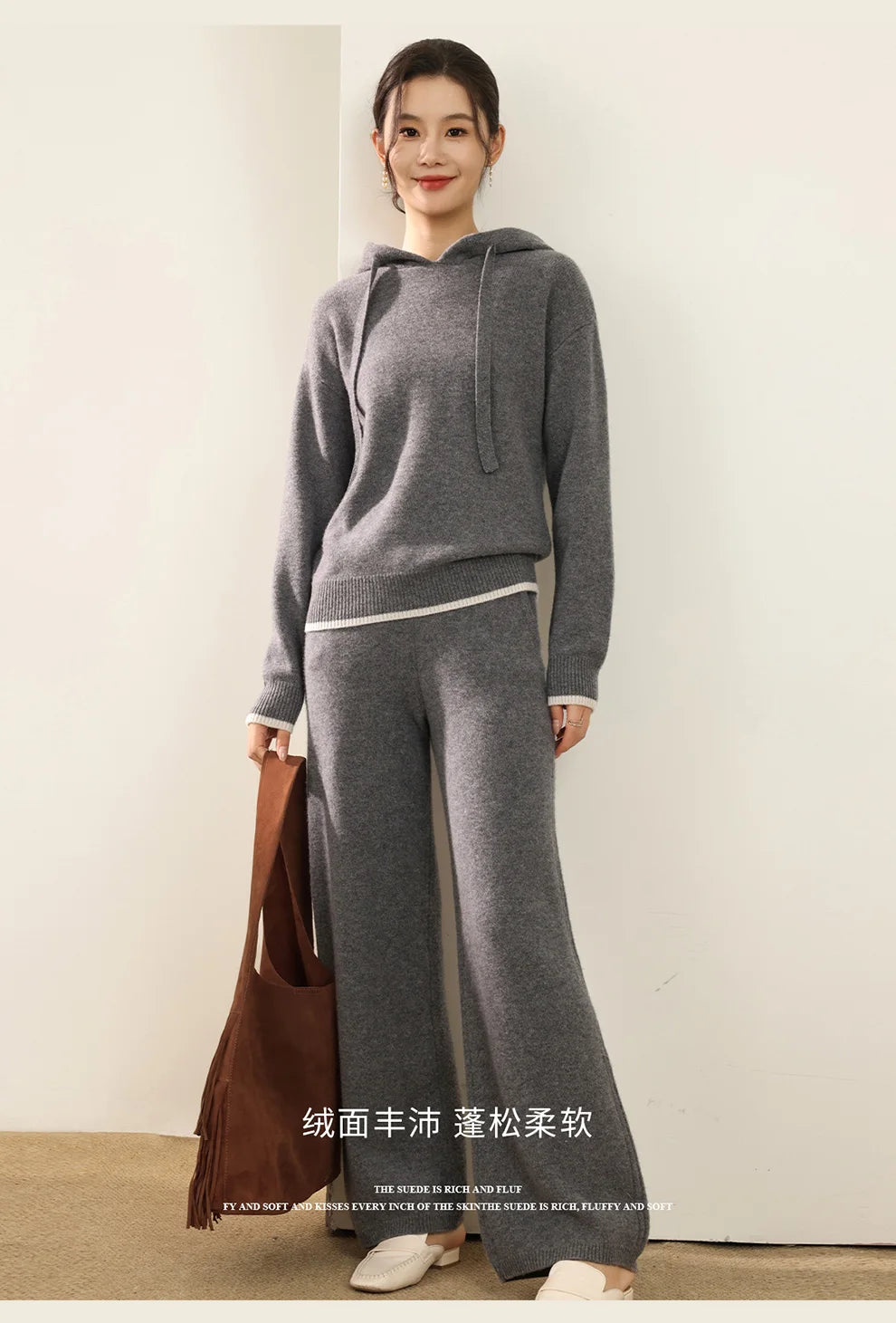 Autumn And Winter New 100 Pure Wool Suit Women Hooded Sweater Wide-Leg Pants Casual Knitting Two-Piece Suit