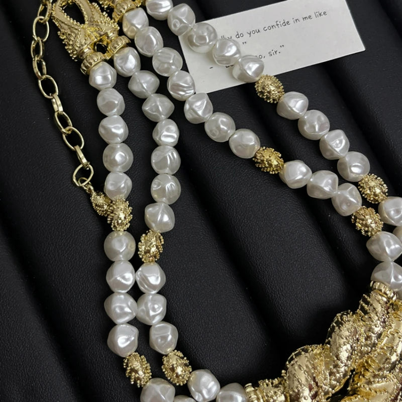 Light luxury high-grade multi-layer pearl necklace retro exaggerated niche alloy collarbone chain women's fashion jewelry