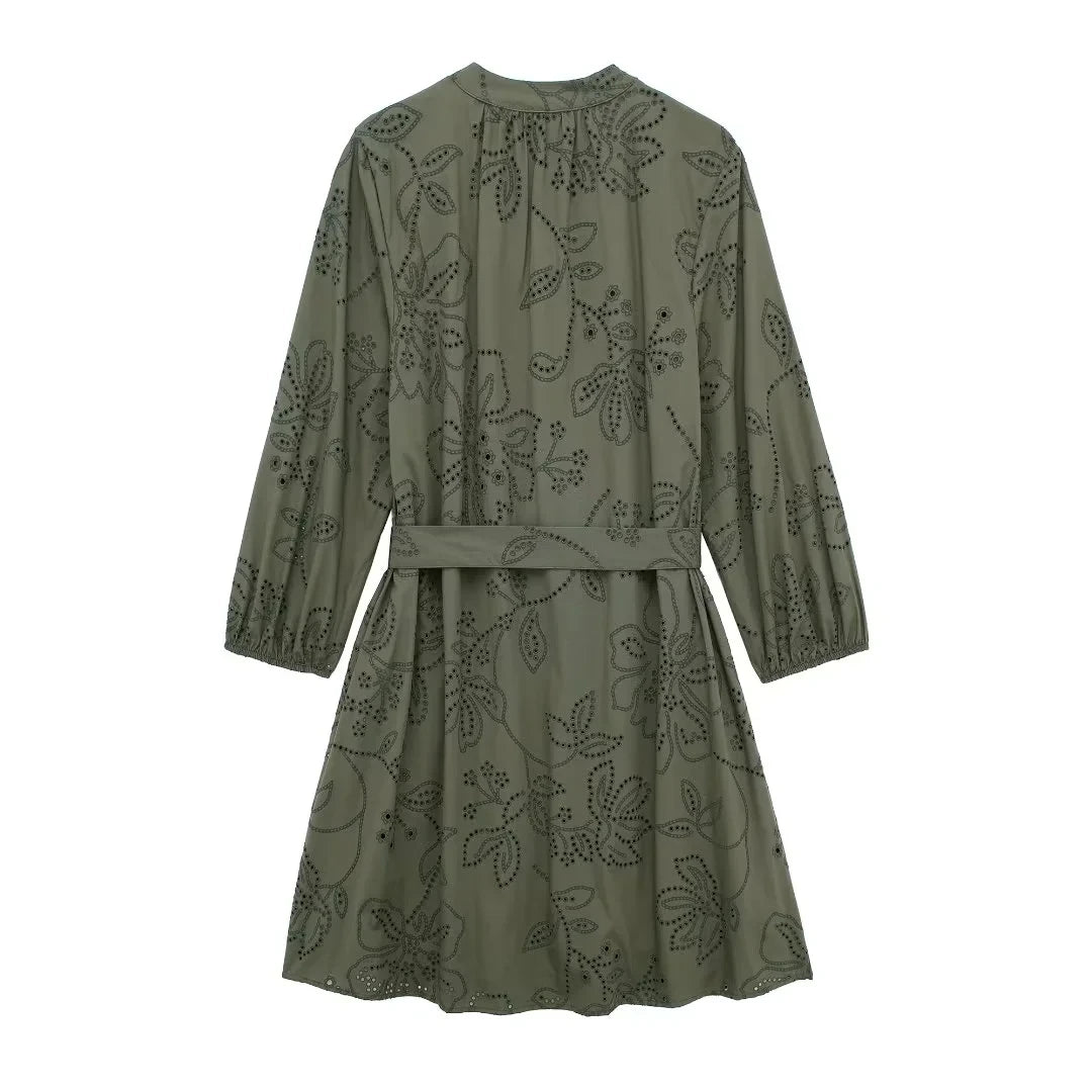 HH Spring Women's Vintage Solid Shirt Dress Puff Sleeve Short Dress V-Neck Female Hollow Embroidery Casual Belt Dresses