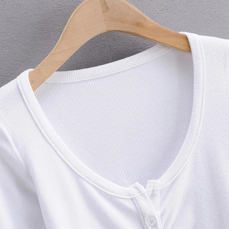 Summer Sexy Women Crop Tops Long Sleeve Tee Shirt Clubwear Buttons Solid T Shirt Women Black White Slim Tops