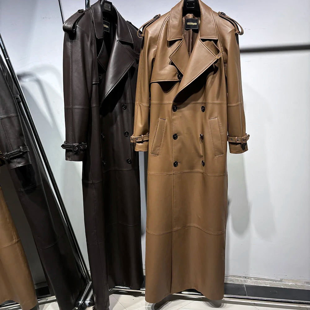 YOLOAgain 150cm Extra Length Real Leather Trench Coat Women Double Breasted Suede Coat Female