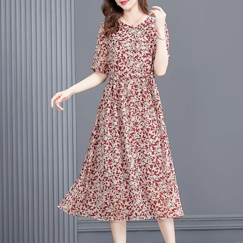Women's Mulberry Silk Midi Dress V-Neck Three-Quarter Sleeve Red Floral Print Waist Tie Elegant Silk Summer Dress For Mature