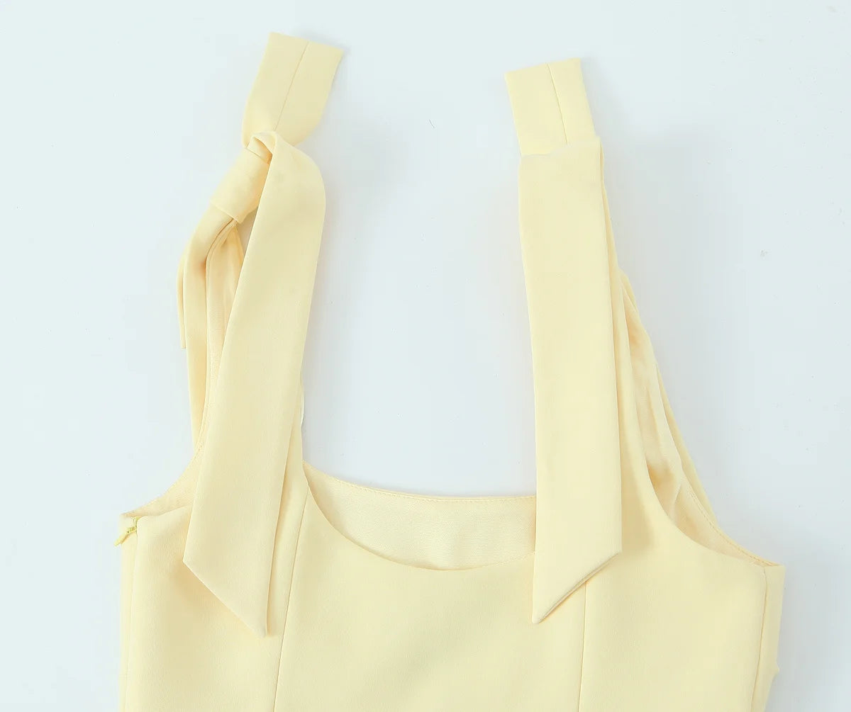 HH Summer Woman Elegant High Street Solid Side Zipper Slim Tops Women's Chic Sexy Sleeveless Bow Square Collar Sling Top
