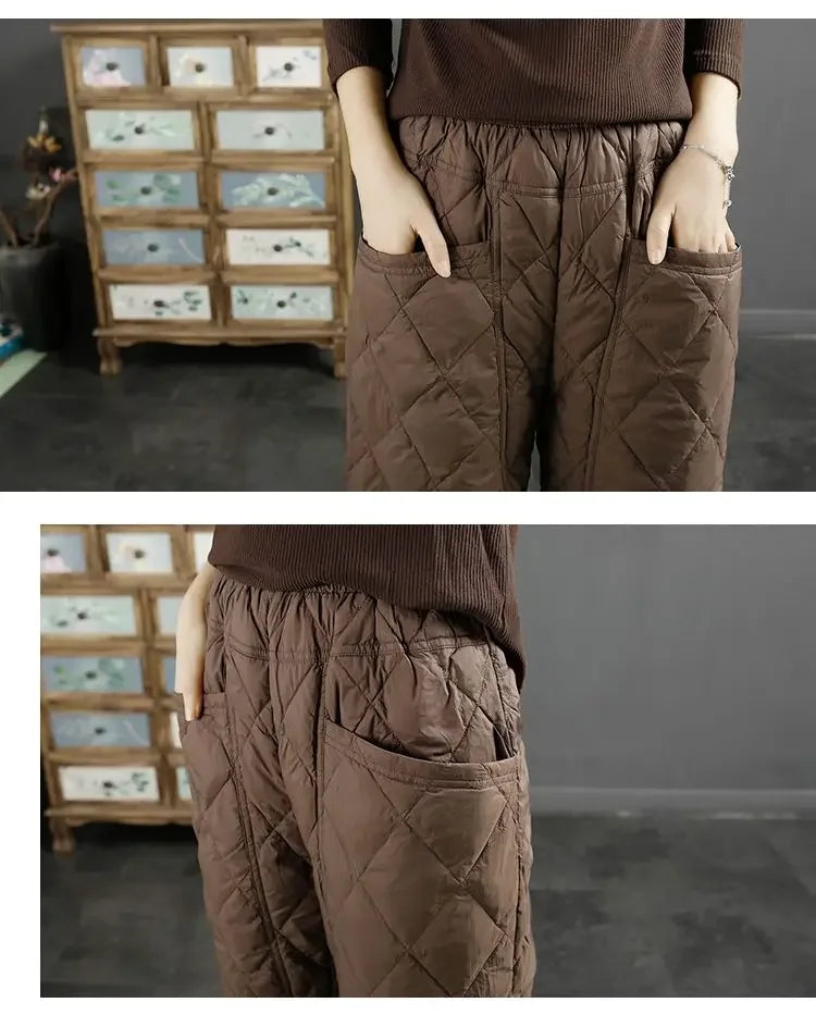 Vintage Quilted Pants Women Winter Warm Trouser Cotton-padded Pants Casual Design Pockets Elastic Waist Korean Chic Black Pants
