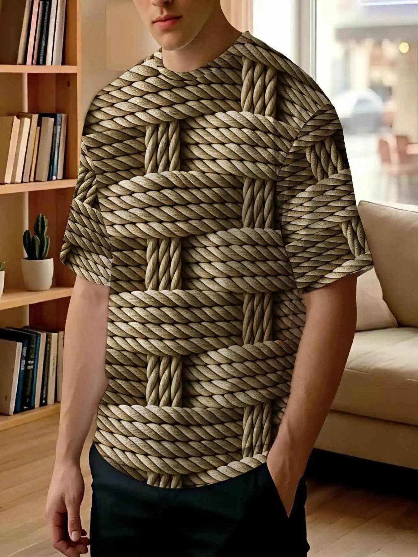 2026 new printed T-shirt  Men's Retro Woven Rope Print Casual T-Shirts Trendy Texture Loose Crewneck Tees
