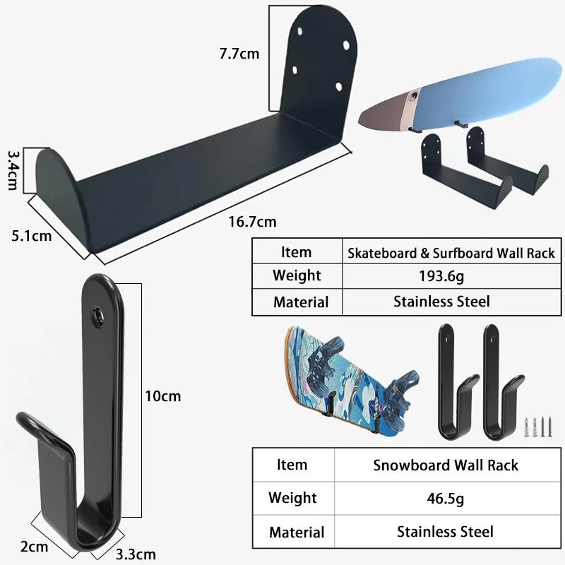 Universal Board Wall Mount Rack Stainless Steel Skate Surf Snowboard Longboard Wakeboard Storage Display Organizer Garage Home