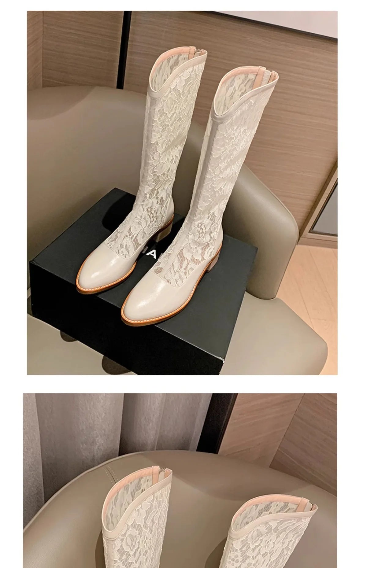 Woman Fashion Lace Flower Boots Thick Heel Pointed Toe Mid-calf Boots Female Footwear Summer Size 41 Breathable Botas De Mujer
