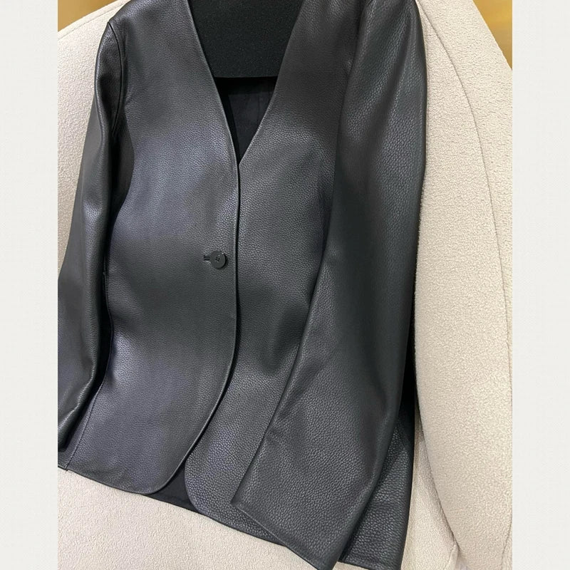 Natural Lambskin Leather Biker Jacket for Women, 100% Sheepskin Leather Coat, Long Sleeves, H913