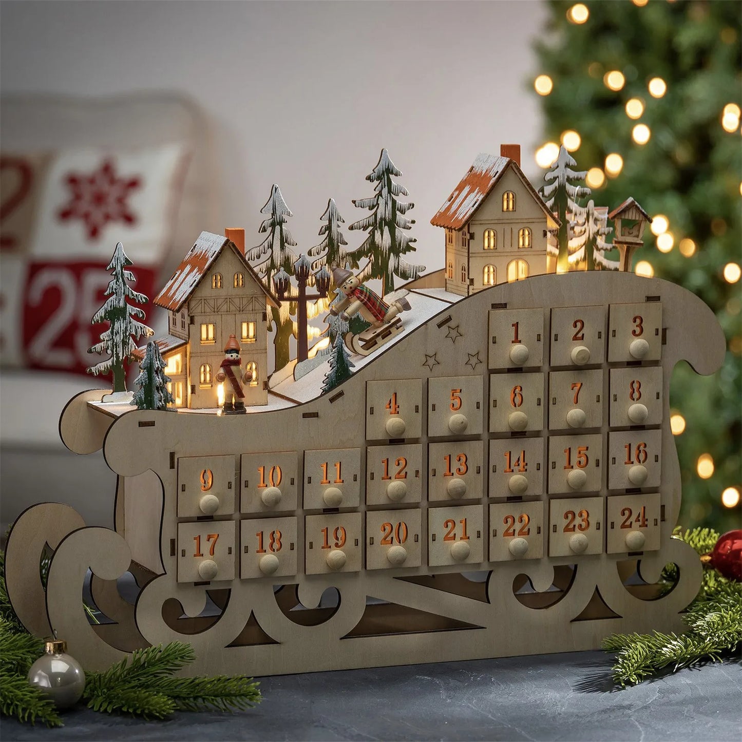 Christmas 24 Day Countdown Calendar With Light Wooden Drawer Home Decor Ornament For Kids Light Up Gifts Candy Drawer Organizer