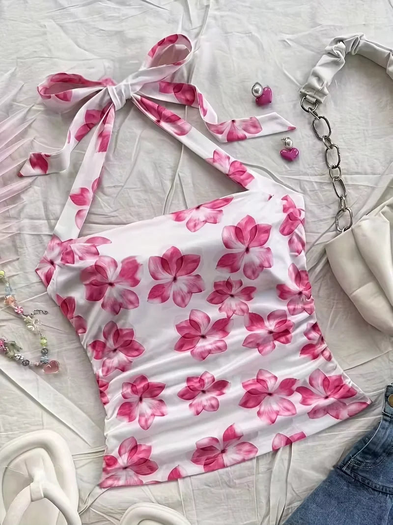 Women's summer short top, pink floral camisole vest, suitable for vacation style girls