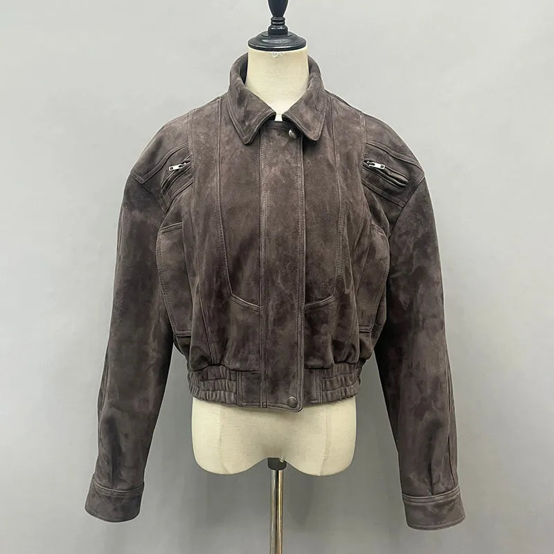 2025A Lady's Fashion Real Suede Jacket Genuine Goatskin Suede Bomber Jacket Oversize Leather Coat Women's Suit