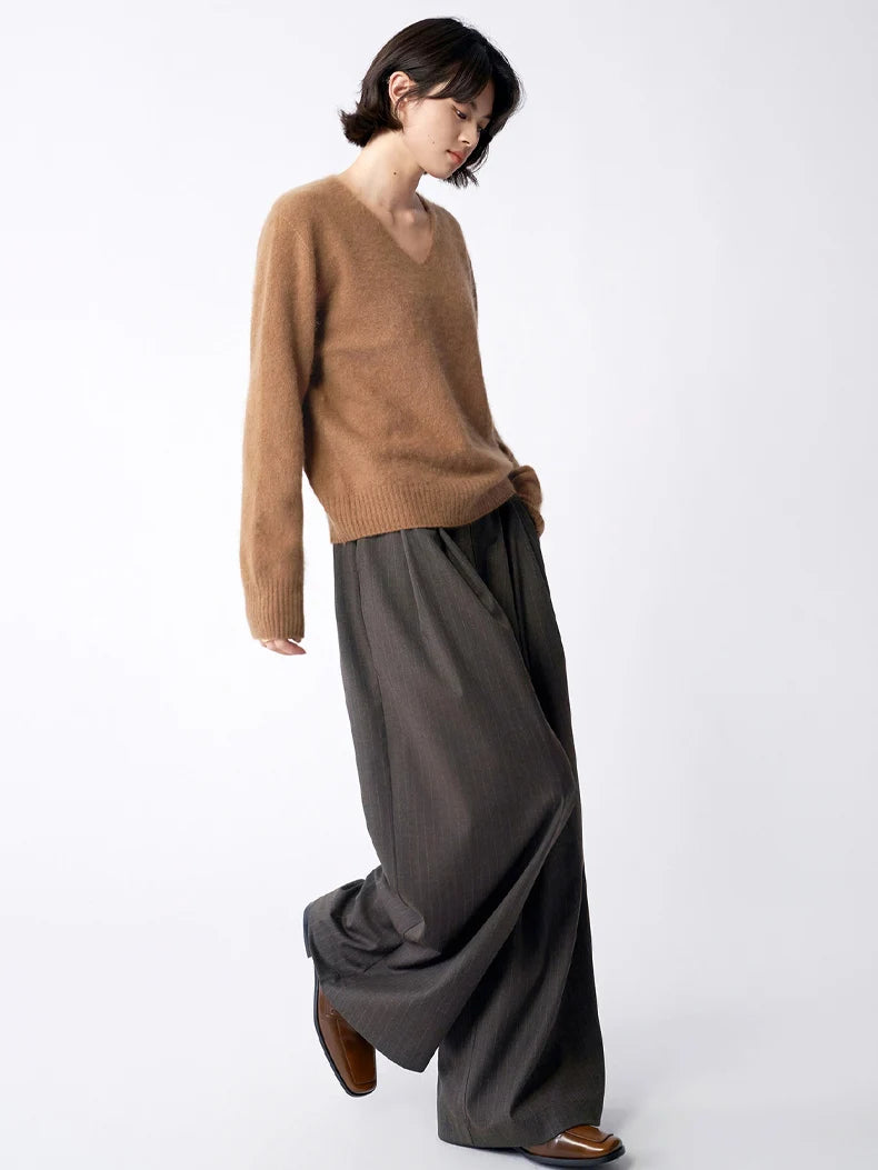 SuyaDream, Women Fleece Pullovers, V Neck, 3.8%Cashmere 96.2%Wool, Chic Warm Sweaters, 2025 Fall Winter Solid Top, Camel, Olive