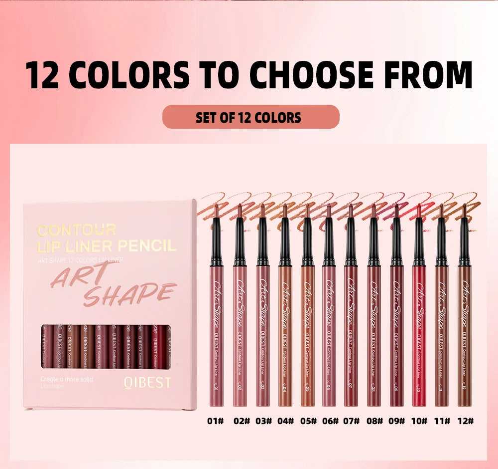 QIBEST Matte Lip Liner Set 12 Colors Nude Shades Lipliner Pen Waterproof Lip Contouring Pencils Lasting Makeup Kits Lipstick Pen