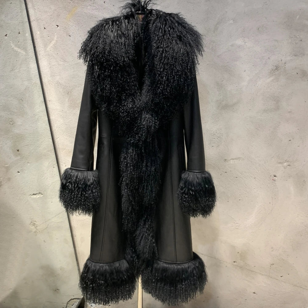 Suede Coat Fur Collar Women Autumn Genuine Sheepskin Coat Long with Mongfolian Fur Trim
