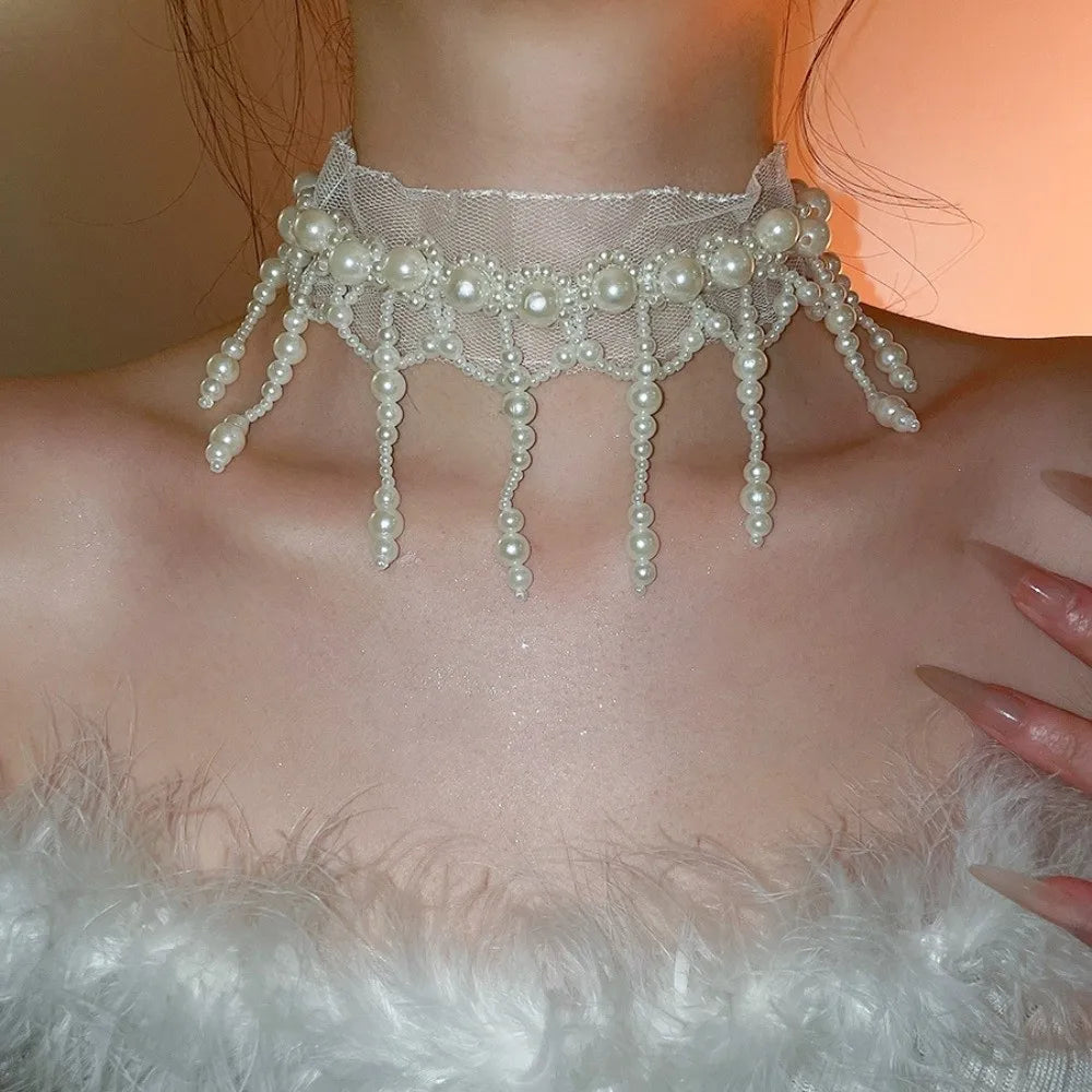 Neck Pendant White Pearl Lace Choker Creative Alloy Tassel Beads Necklace French Style Collarbone Chain Mesh Neck Jewelry Gift