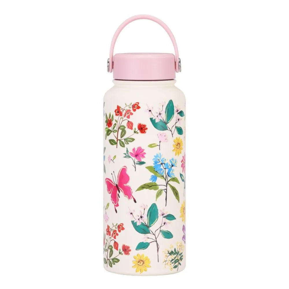 Gift INS Insulated Water Bottle 1L Portable Thermal Water Bottle Leak-proof Large Capacity Floral Thermal Cup Household