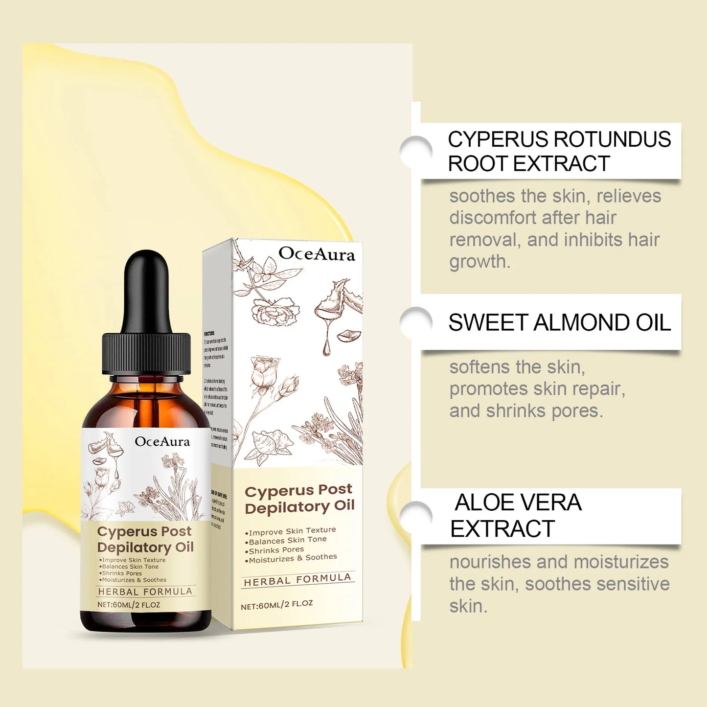 Post Hair Removal Oil - Moisturizing Skin Care Oil With Cyperus Extract For Smooth Hydrated Skin After Depilation