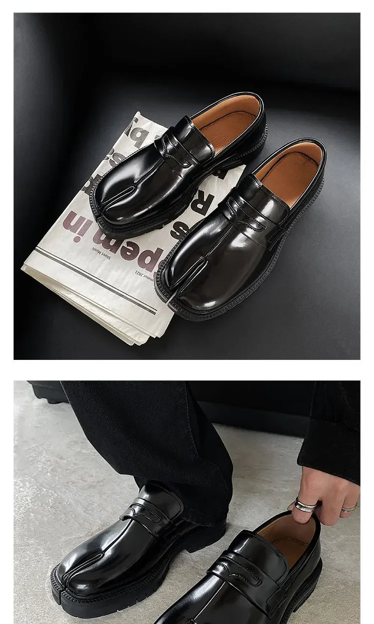 Maganda Split toe horseshoe shoes for men's thick sole Lefu shoes Tabi shoes patent leather shoes Korean version trend casual