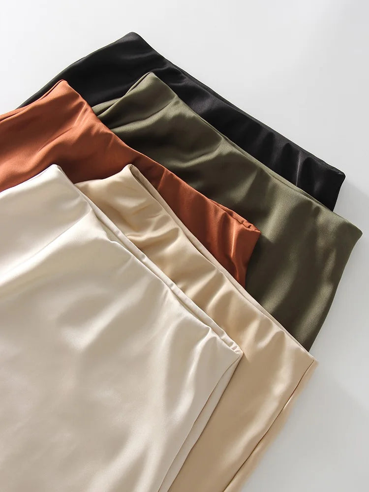 Summer Satin Skirts For Woman Office Maxi A Line Black Silk Skirts With Slit Lady High Waist Women Patchwork Skirt Long Elegant