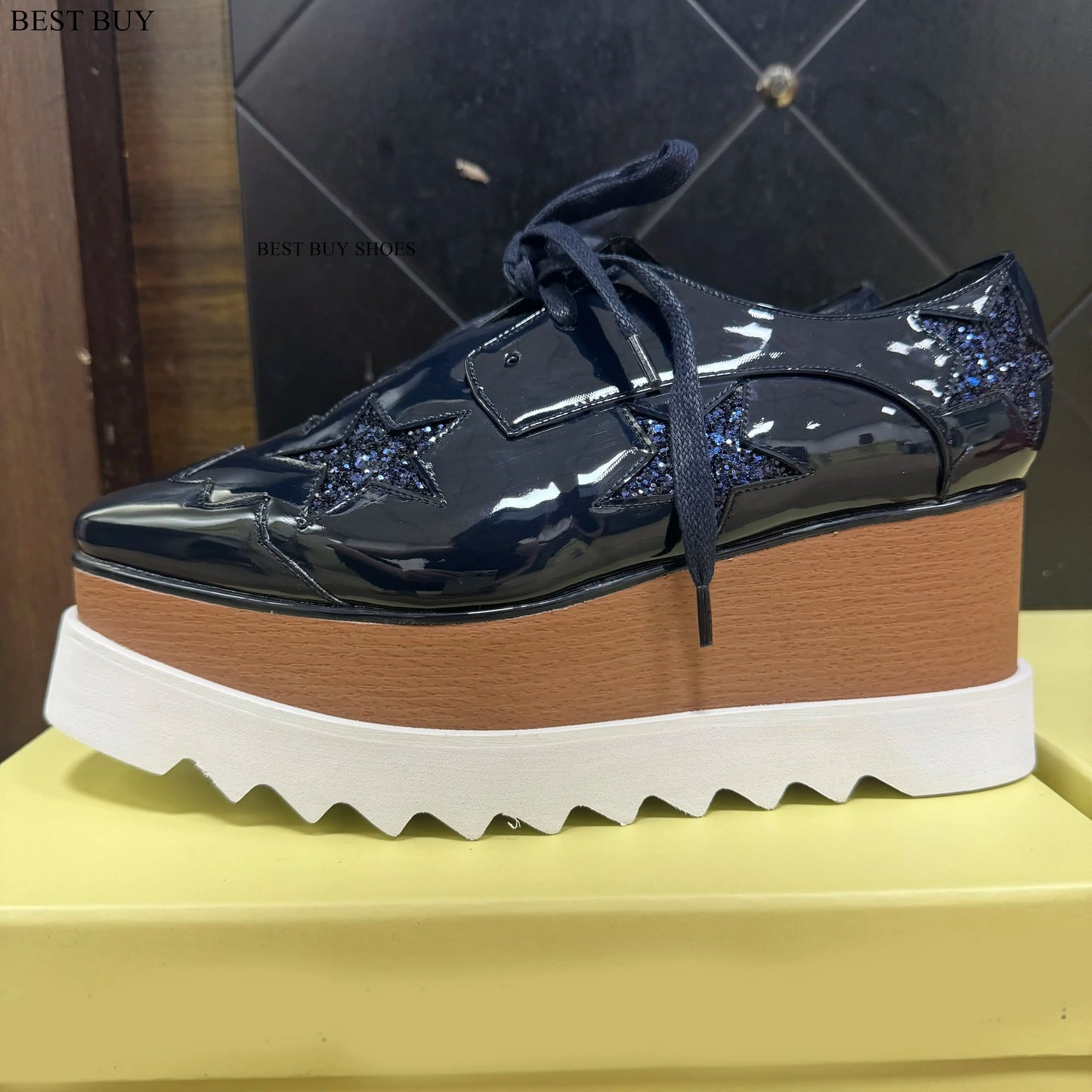 Women Fashion patent Stars high Loafers Shoes Lady Square Toe lace-up Thick Bottom Platform Wedge Shoes For Women sneakers
