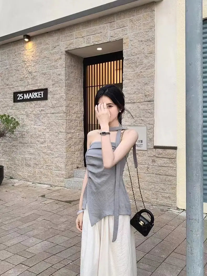 Women's Summer 2025 Off-Shoulder Bustier Top with Asymmetric Design for Commuting and Stylish Outfits