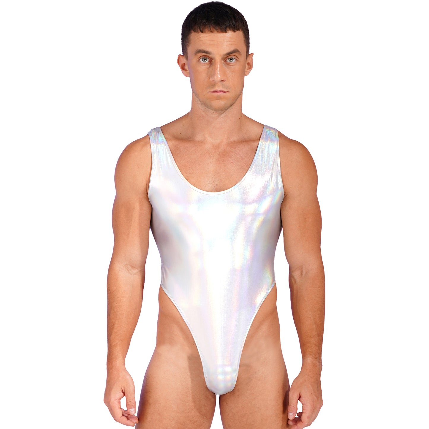 Mens Glossy Bodysuit Fashion One-piece Swimsuit Sleeveless High Cut Wetlook Faux Leather Stretch Leotard Unitard Bathing Suit