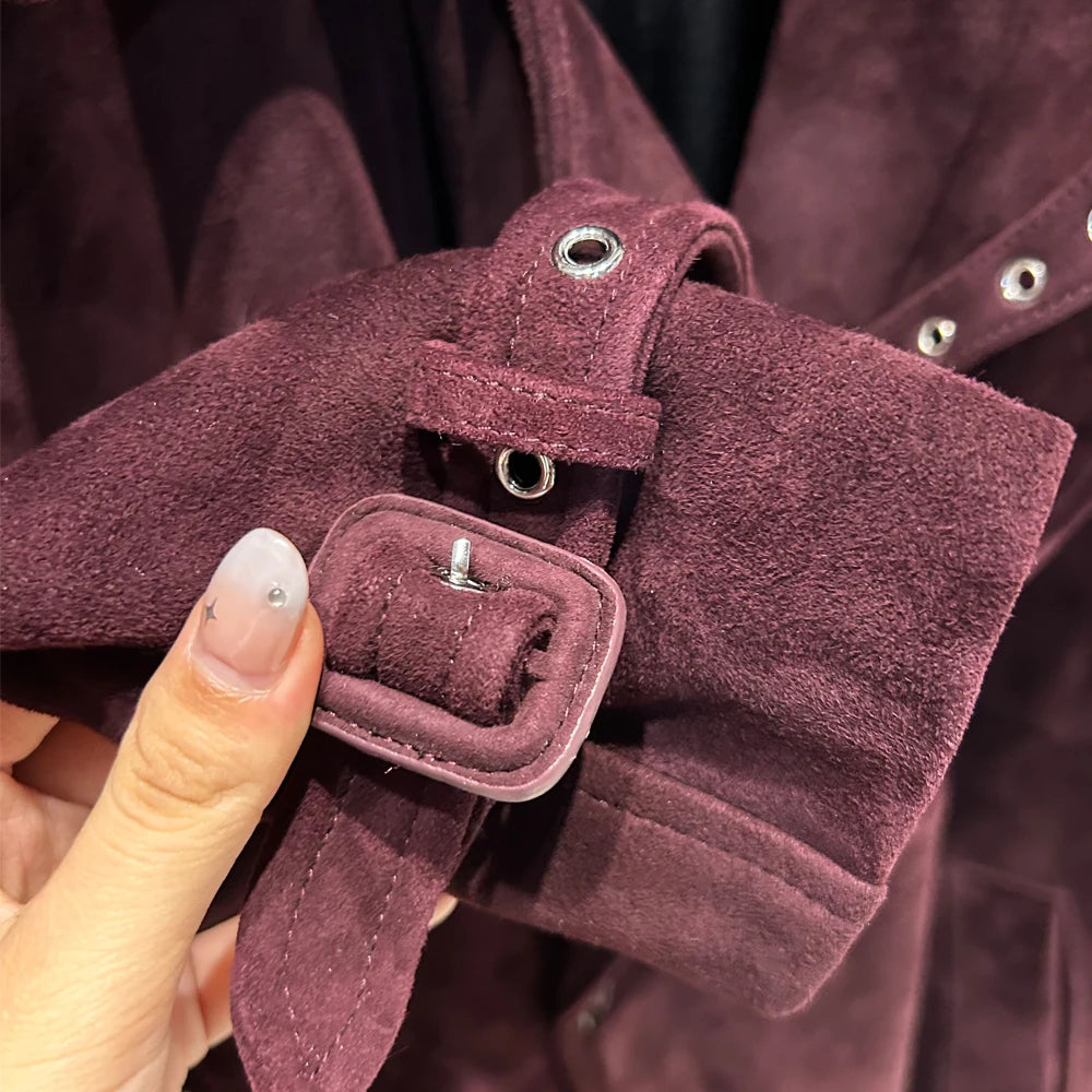 Suede Burgundy Long Coat Double Breasted Windbreak Length 150cm Women's Real Suede Coat