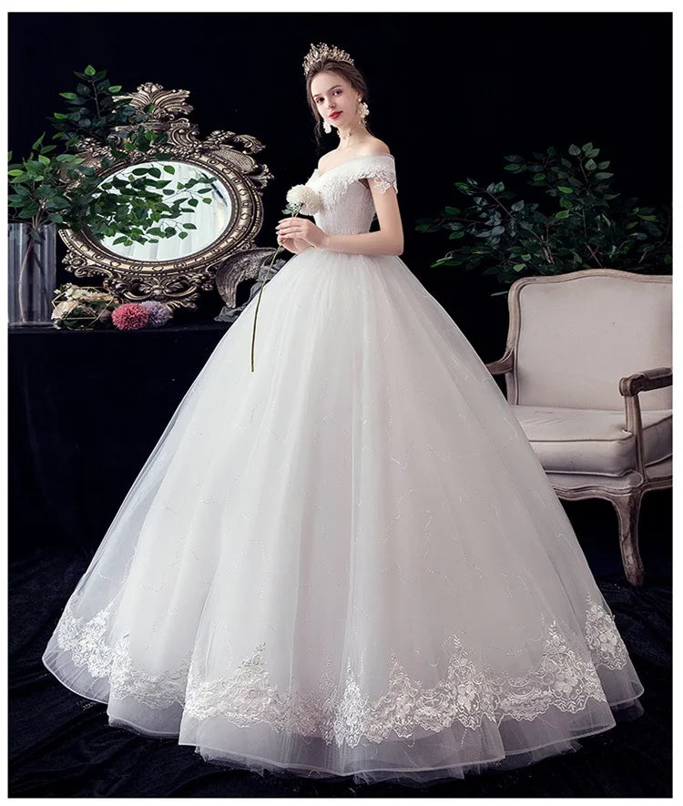 Shiny Wedding Gowns Sweet Boat Neck Wedding Party Ball Gown Off Shoulder Wedding Dresses Customized For Women