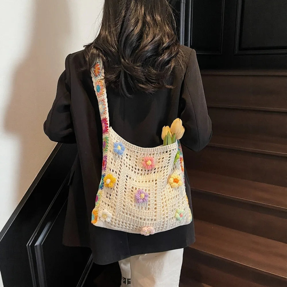 Fashion Large Capacity Women Shoulder Bag Floral Crochet Vintage Handbag Boho Hollow Out Knitted Crossbody Bags