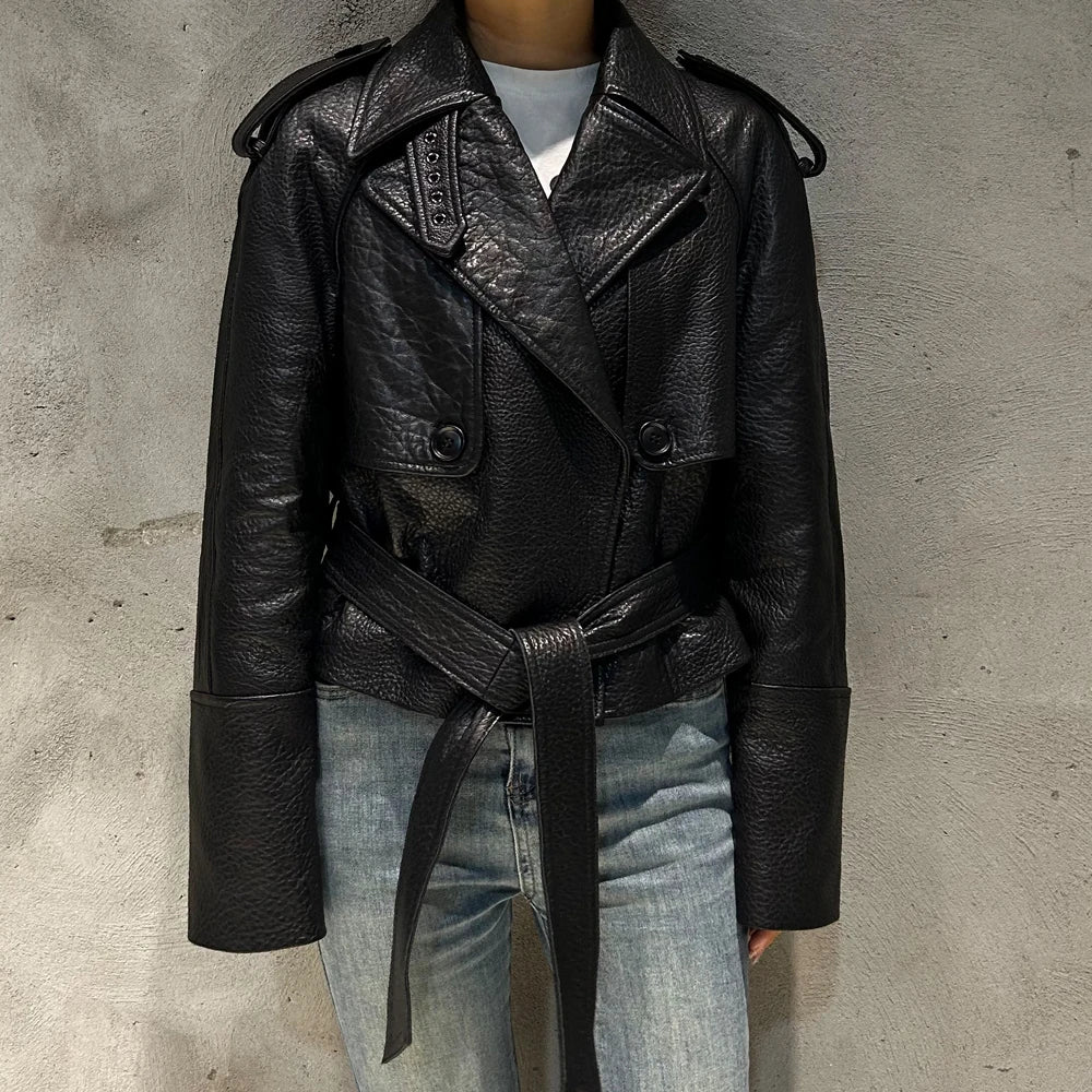 Elegant Black Leather Jacket Women Grained Sheep Leather Jackets New Style Lace-up Leather Jacket