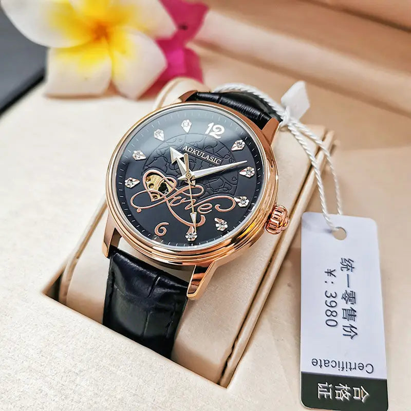 Authentic Fully Automatic Mechanical Watch for Women, Hollow-Out, Luminous, Waterproof, Elegant, High-End, New Korean Style, Simple Watch, the Best Gift for a Girlfriend, No Batteries Needed