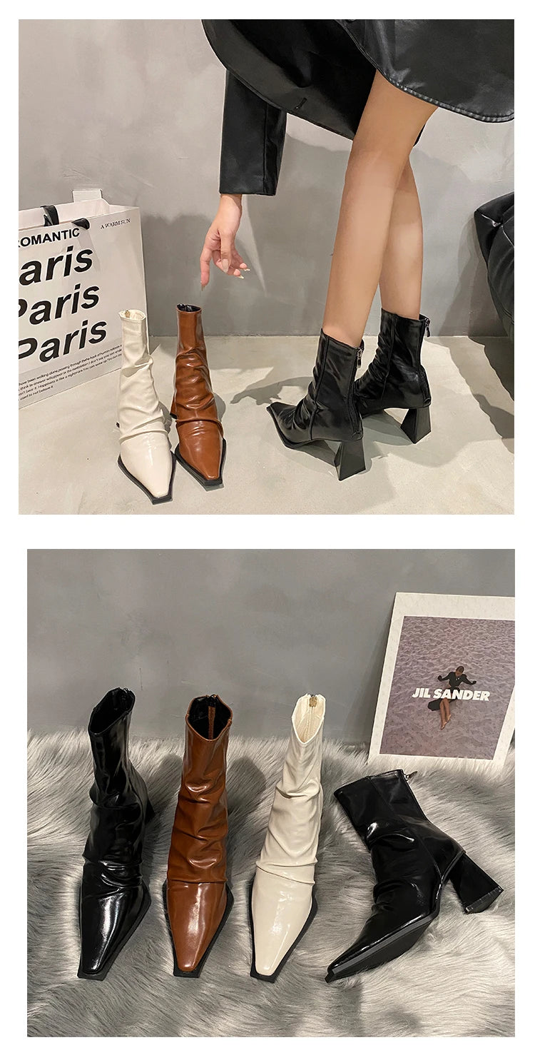 Horse Boots Female Ins Pointed Pink Skinny Boots 2023 Winter New Patent Leather Thick with Fashion High Heel Short Boots