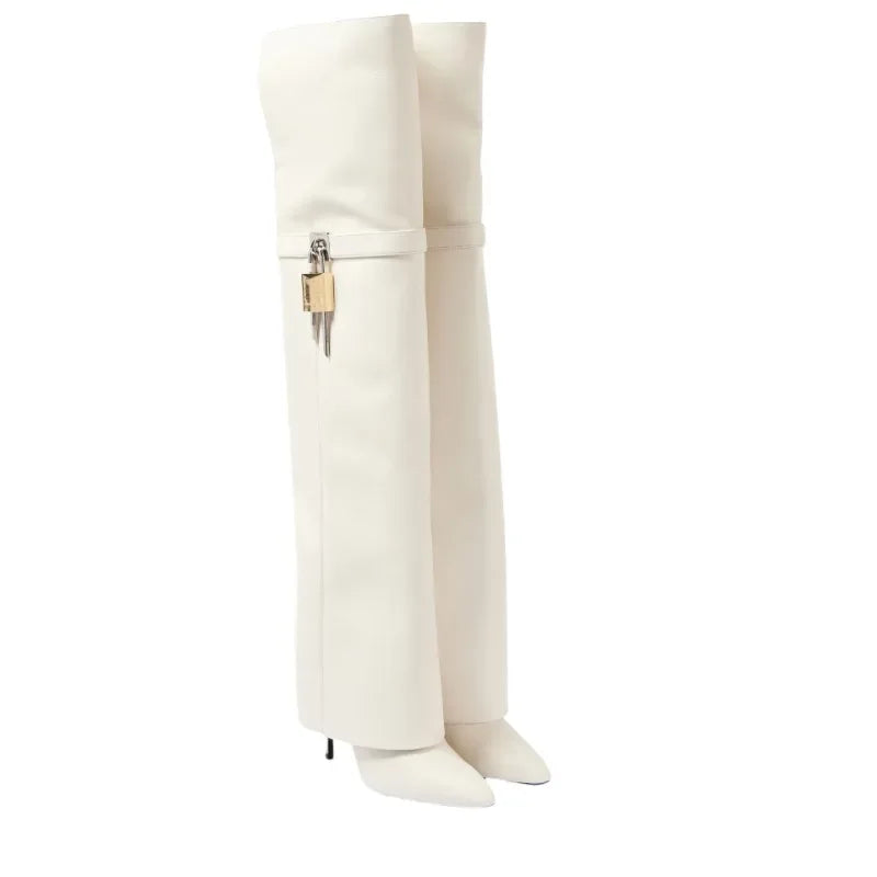European and American women's fashionable large round toe over knee boots, slim high heels, shark button pants, long boots