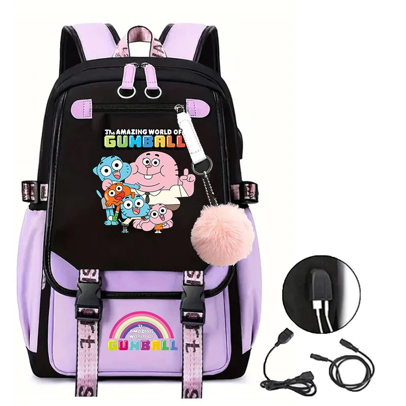 School Bags for Teenage Girls The Amazing World of Gumball Printed Students Bookbag Large Capacity Travel Bagpack with Usb Port