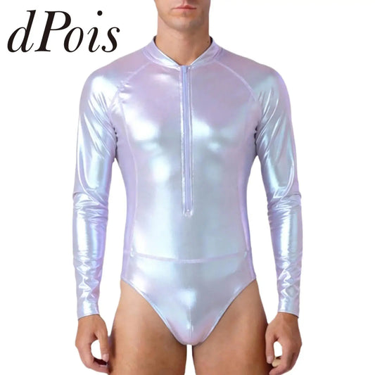 Mens Bathing Suits Swimsuits Metallic Shiny Bodysuit Long Sleeve One-piece for Nightclub Jazz Dance Beach Gymnastics Leotard